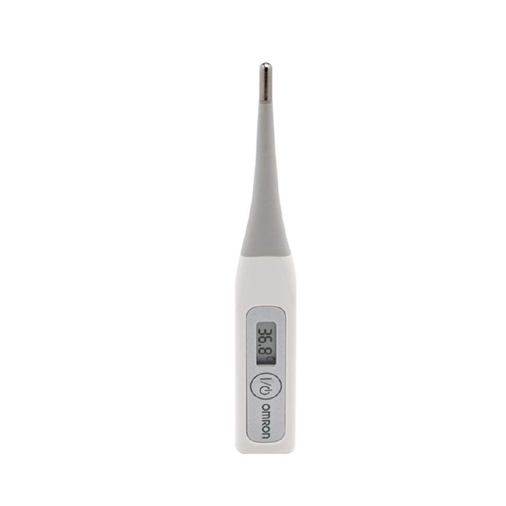 Termómetro electrónico oral, axilar o rectal OMRON MC-343F-E4 con punta flexible, para medición precisa de temperatura corporal.