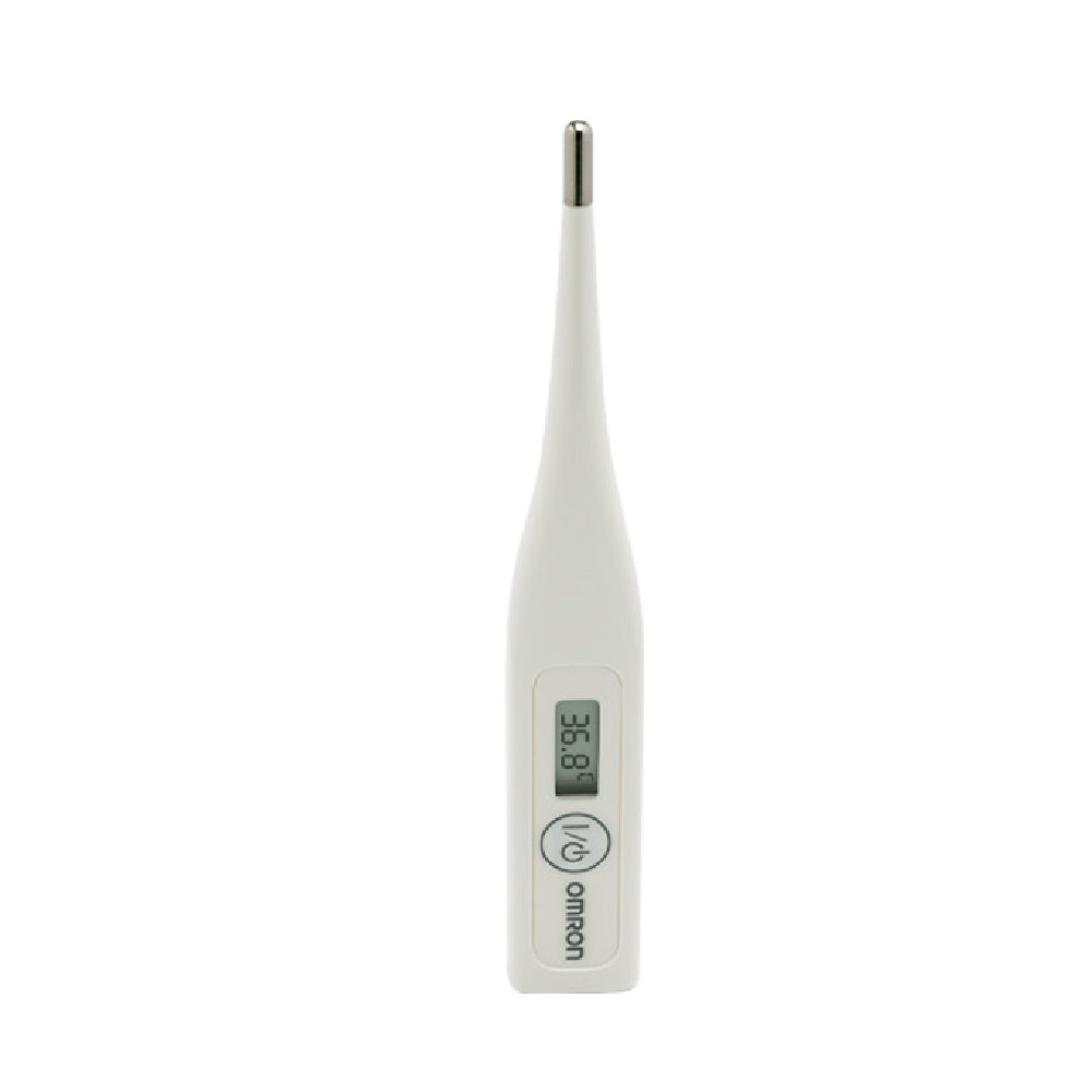 Termómetro electrónico OMRON para uso oral, axilar o rectal, modelo Eco MC-246-E4, con pantalla digital y sensor preciso.