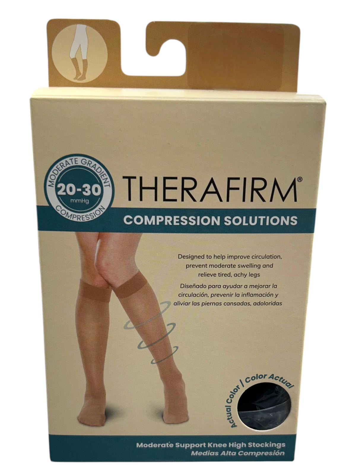 Medias de compresión alta Therafirm Tobimedia 20-30 mmHg, especialidades médicas, con cierre y tela transpirable.